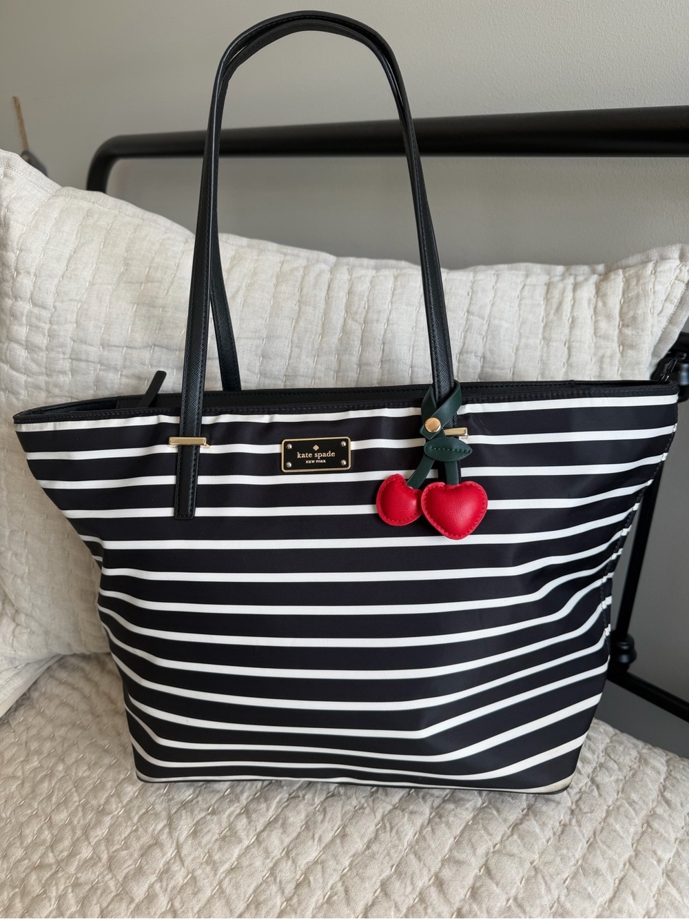Kate spade Black/White New York Striped Tote with Red Cherry Charm 11.5x13